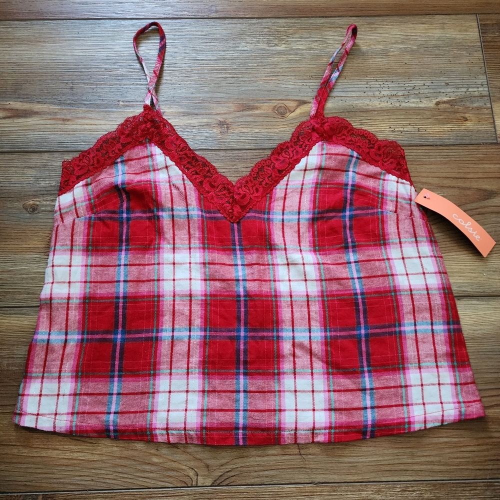 Colsie Cami Womens XS Red Plaid Flannel Lace Trim NEW